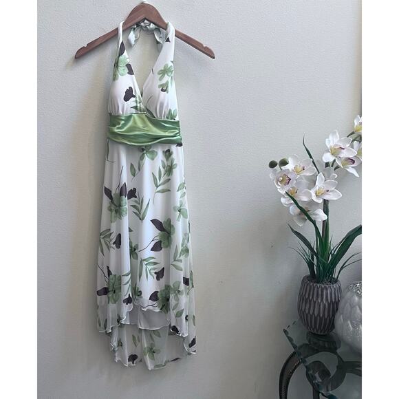 Vintage Y2K Halter Dress Juniors Medium White Green Floral Fairy Babydoll Party - Picture 1 of 8